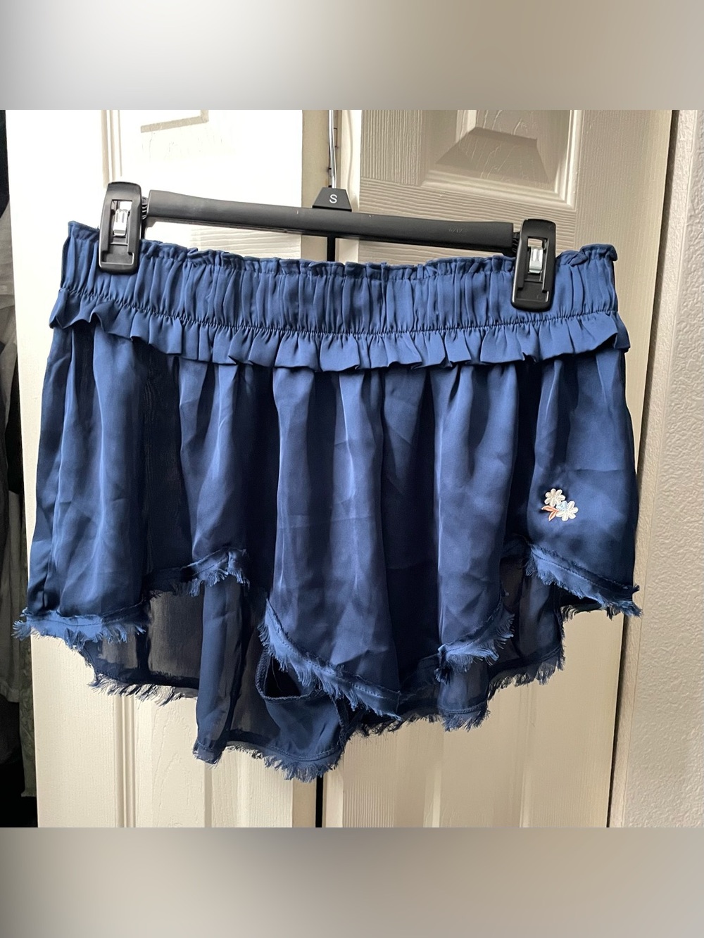 Intimately by Free People-Navy Ruffled Elastic-Waist Short with Floral Accent